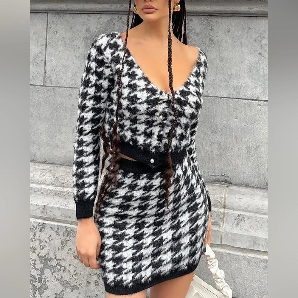 Fashion Nova Oh You Hound Houndstooth Knit Two Piece Skirt Set Size L - Picture 2 of 12